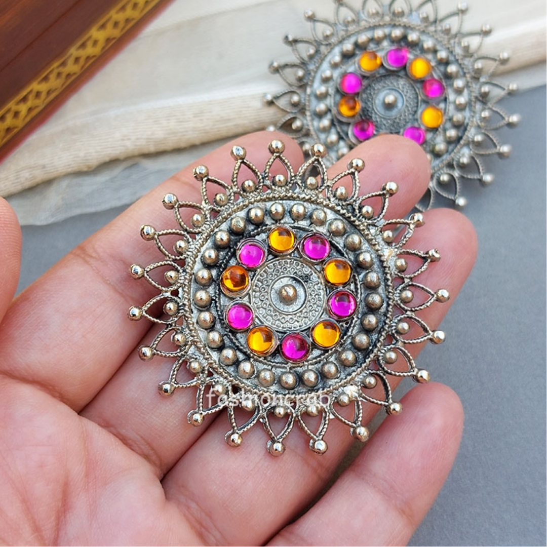 Beautiful Pink and Yellow Stone Oxidized Earring - A Vibrant Fusion of Color and Tradition