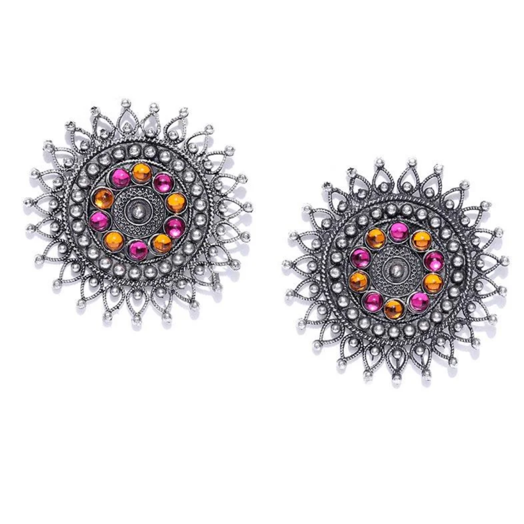 Beautiful Pink and Yellow Stone Oxidized Earring - A Vibrant Fusion of Color and Tradition
