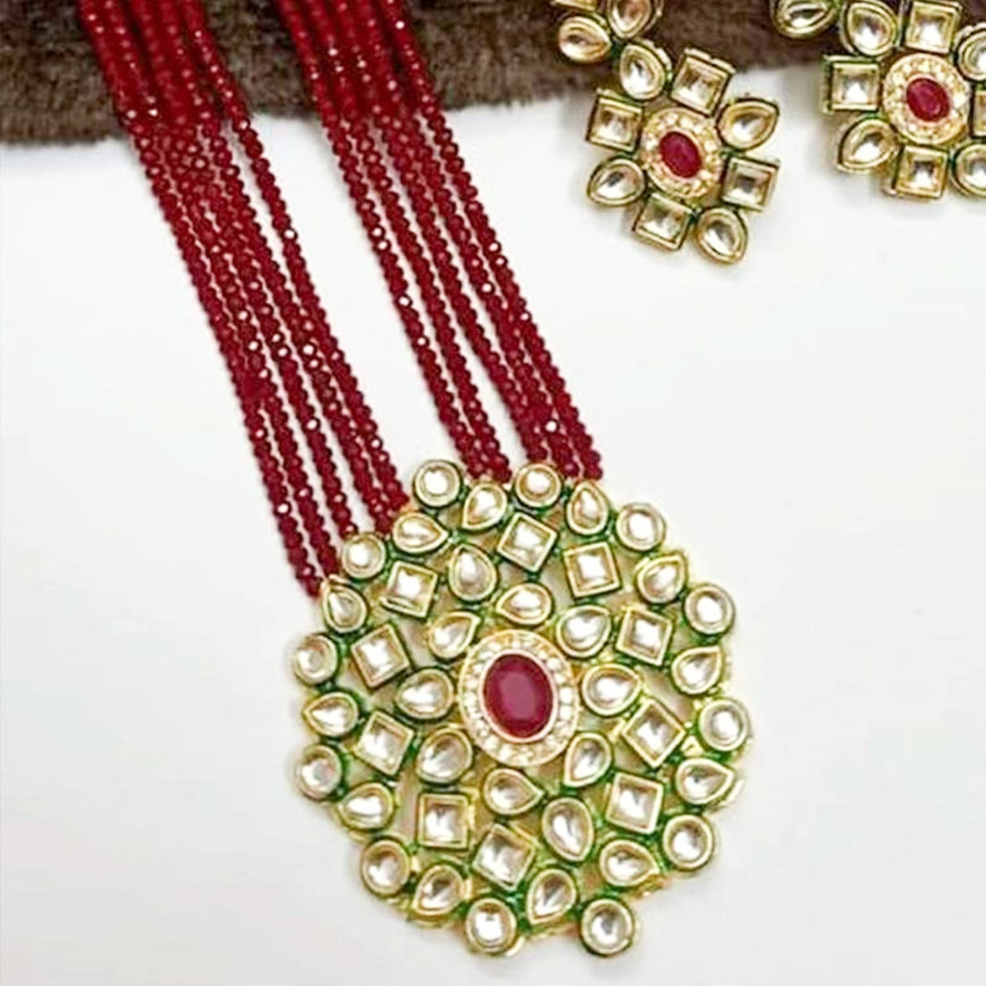 Maroon Crystal Long Necklace Set