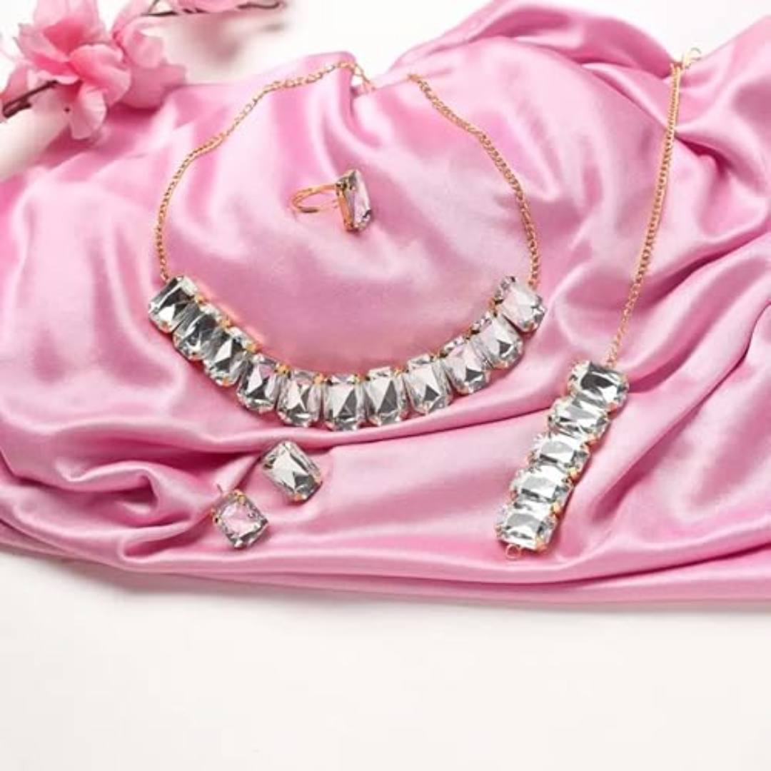White Crystal Bracelet Earrings Necklace Jewelry Set for Women