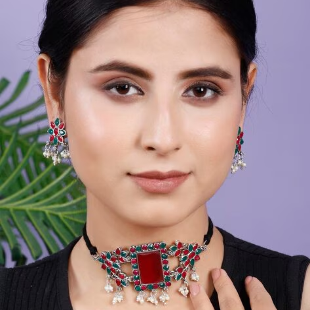 Rectangular Red & Green Kundan Stone Choker Necklace