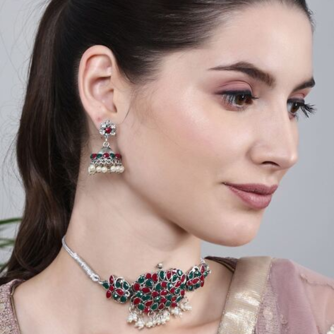 Oxidized Green Maroon Beautiful Choker Necklace