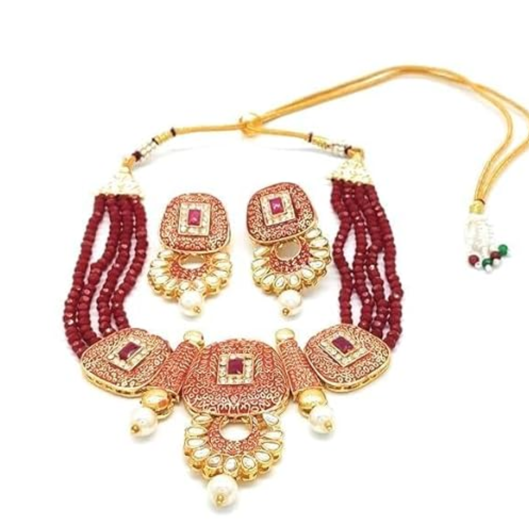 Red Pearl Necklace Set Studded with American Diamond & Kundan with Earrings