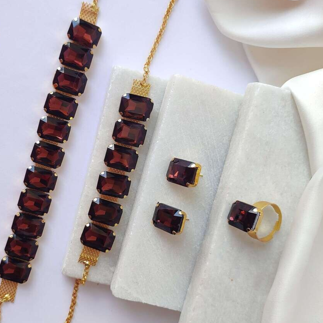 Maroon Crystal Bracelet Earrings Necklace Jewelry Set for Women