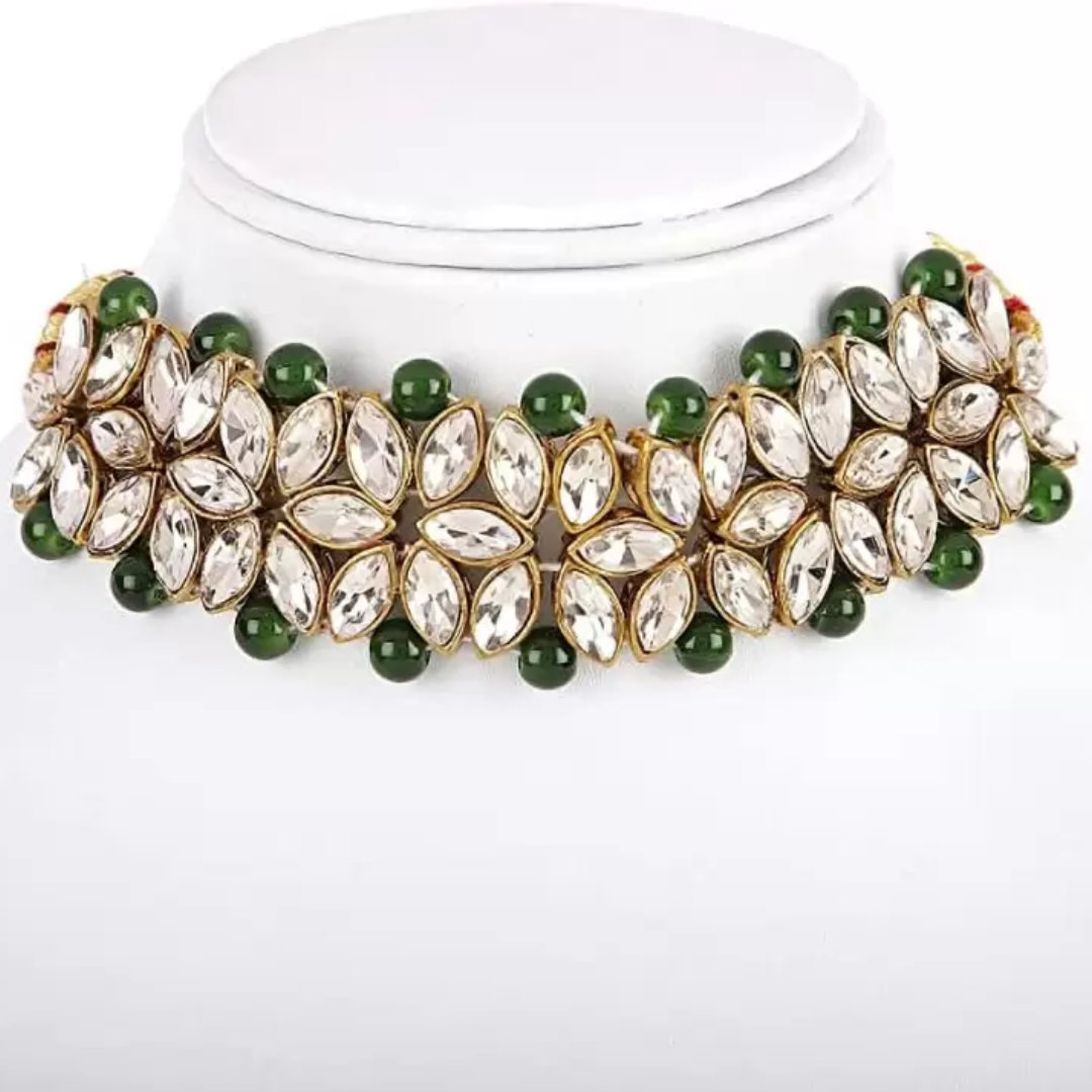 Green Moti Choker Necklace Set for Women - Traditional Pearl Beads Jewelry