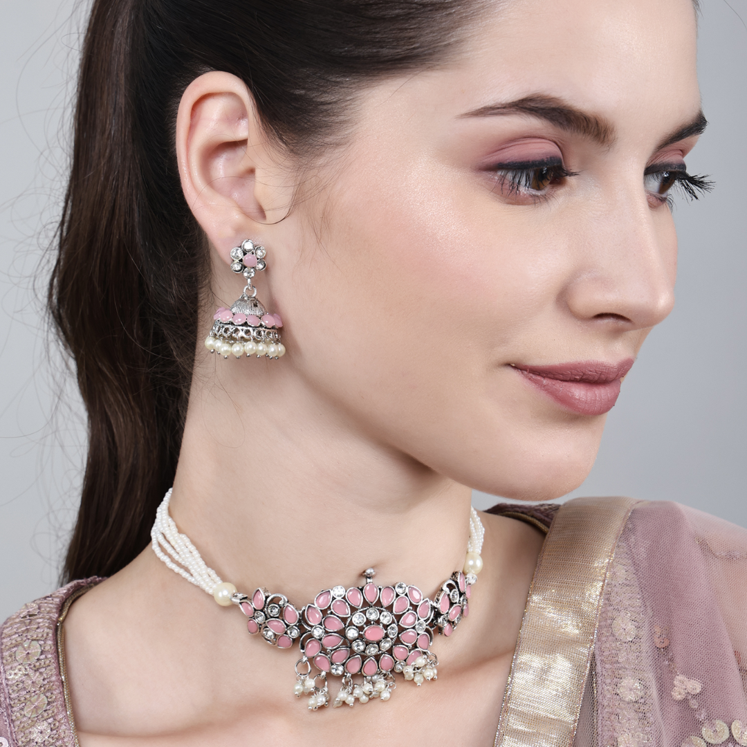 Oxidized Pink with Moti Dori Choker Necklace