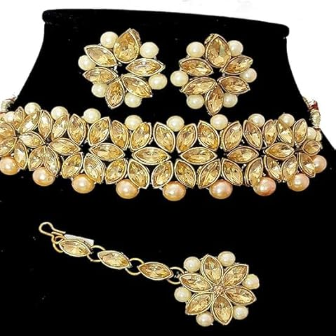 Golden Moti Choker Necklace Set for Women - Traditional Pearl Beads Jewelry