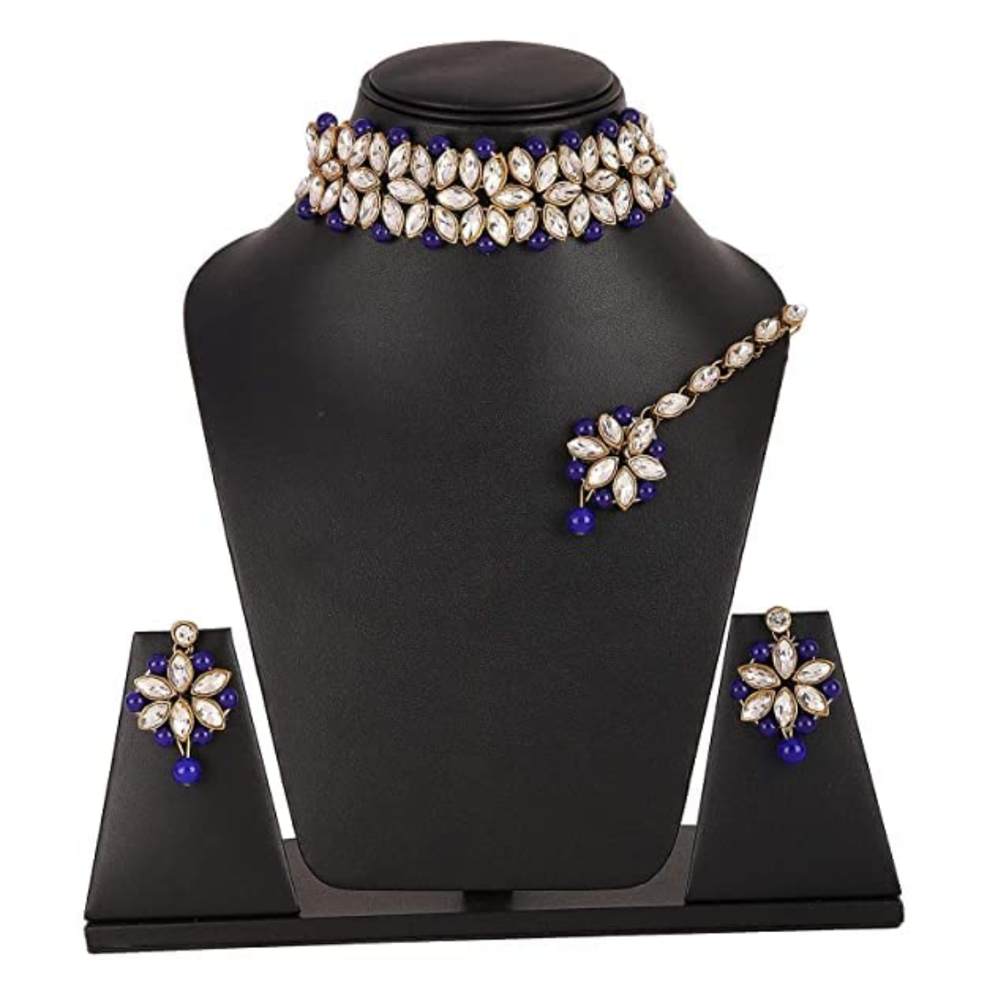 Blue Moti Choker Necklace Set for Women - Traditional Pearl Beads Jewelry