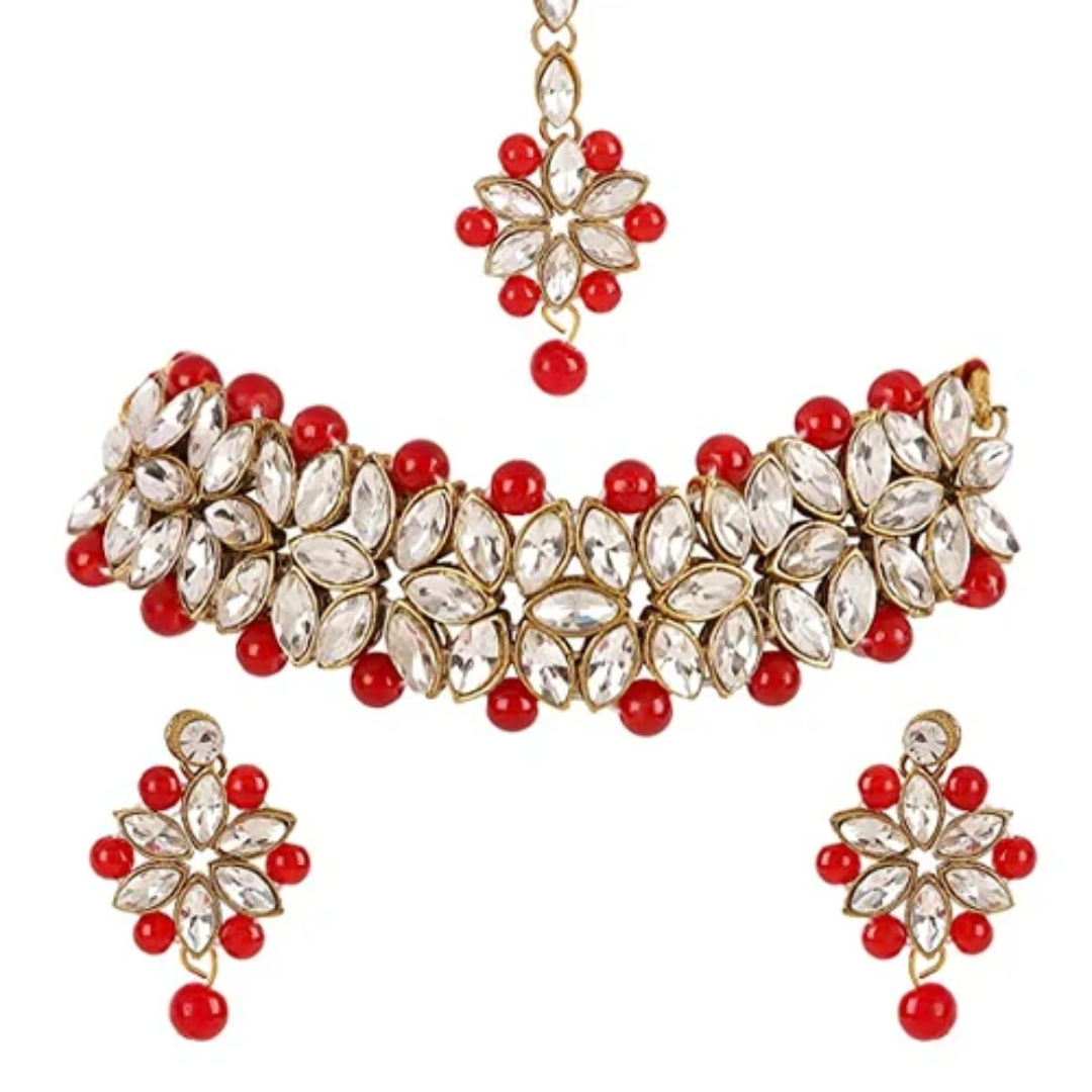 Red Moti Choker Necklace Set for Women - Traditional Pearl Beads Jewelry