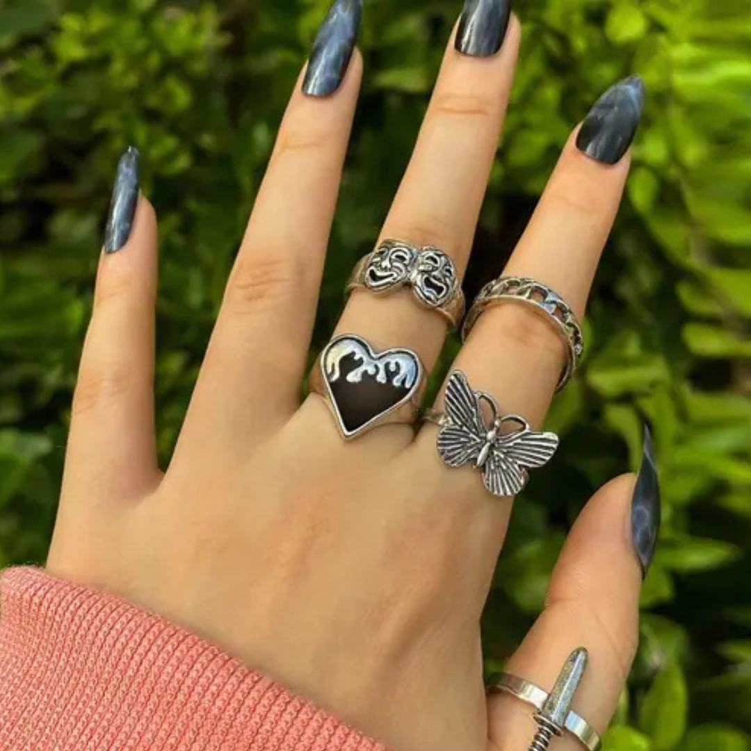 Alloy Silver Gothic oxidised ring set, Adjustable
