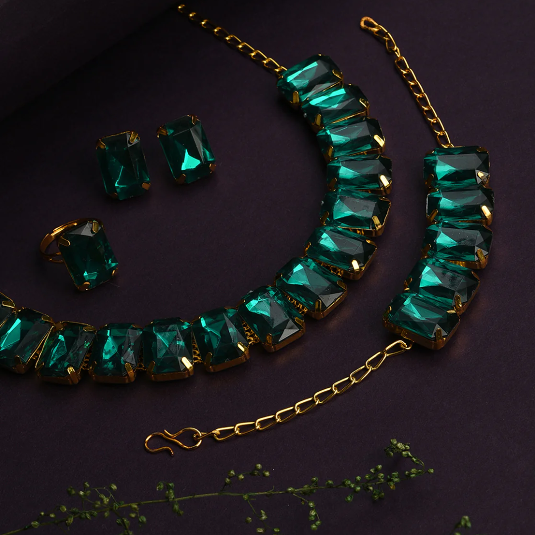 Green Crystal Bracelet Earrings Necklace Jewelry Set for Women