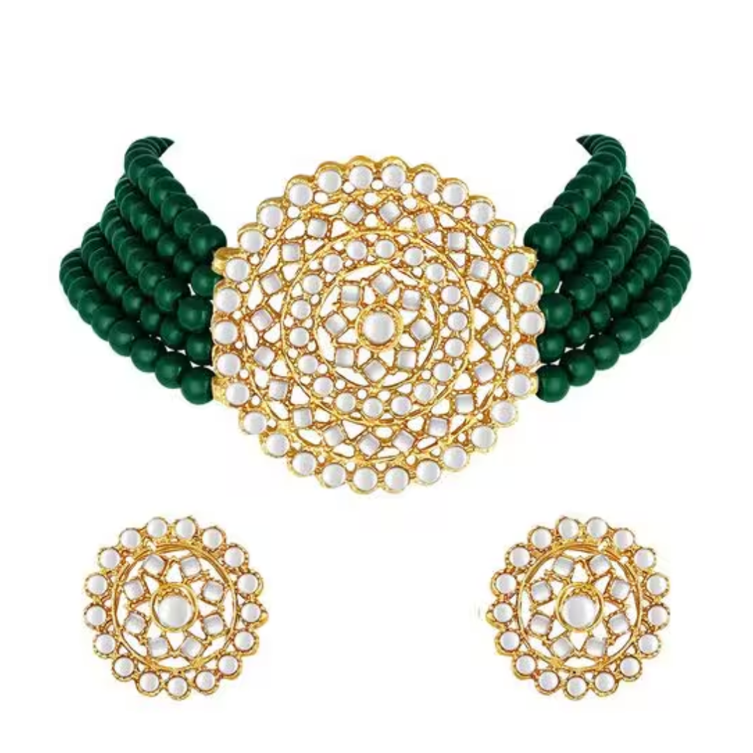 Gold Plated Kundan Work Round Pendant Multi-Layered Pearl Choker Set