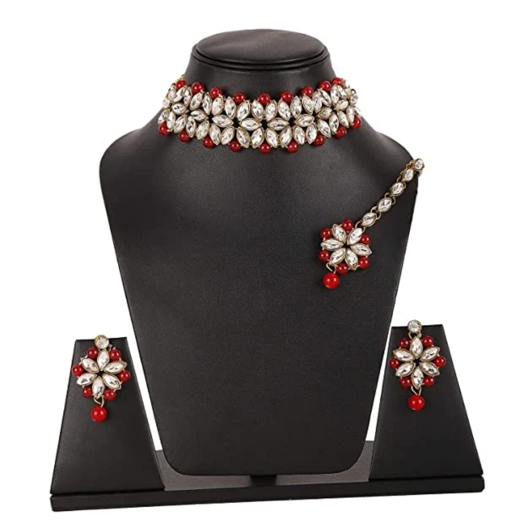 Red Moti Choker Necklace Set for Women - Traditional Pearl Beads Jewelry