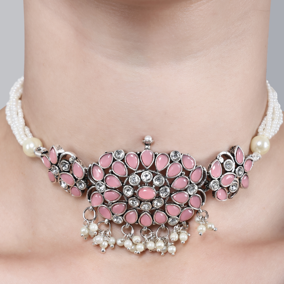 Oxidized Pink with Moti Dori Choker Necklace