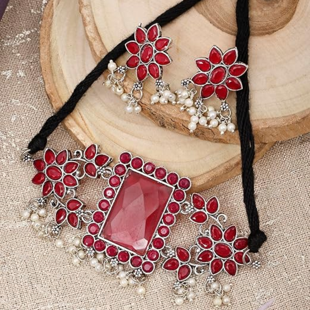 Rectangular Red Kundan Stone Choker Necklace