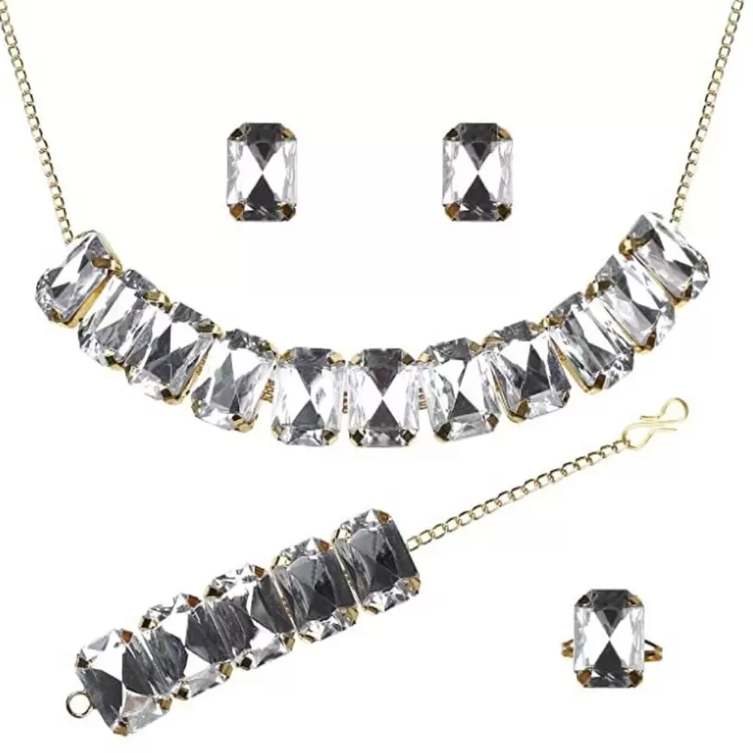 White Crystal Bracelet Earrings Necklace Jewelry Set for Women