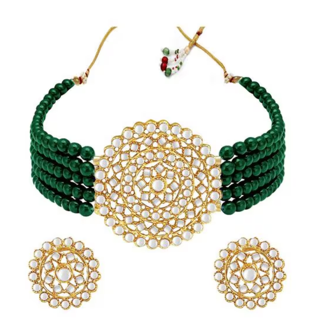 Gold Plated Kundan Work Round Pendant Multi-Layered Pearl Choker Set