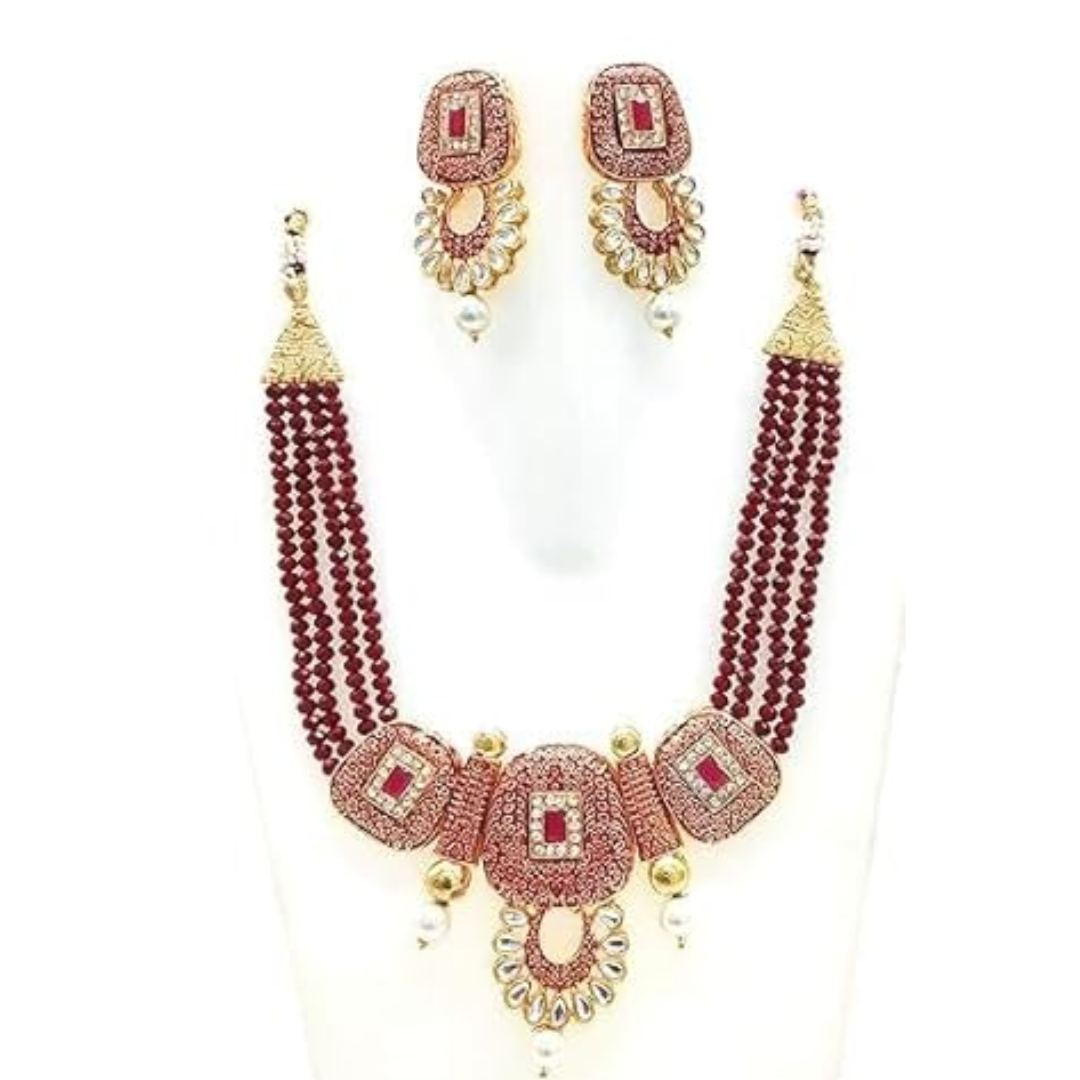 Red Pearl Necklace Set Studded with American Diamond & Kundan with Earrings