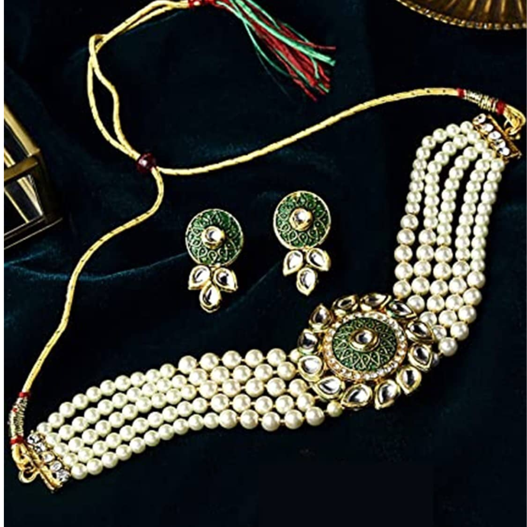Beaded Kundan-Studded Necklace & Earrings Set
