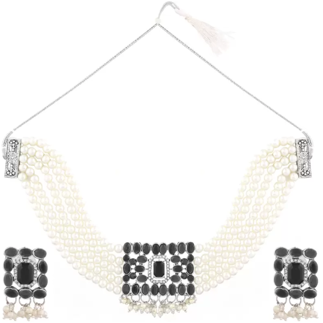 Black Stone & American Pearl Studded Oxidized Jewellery Set