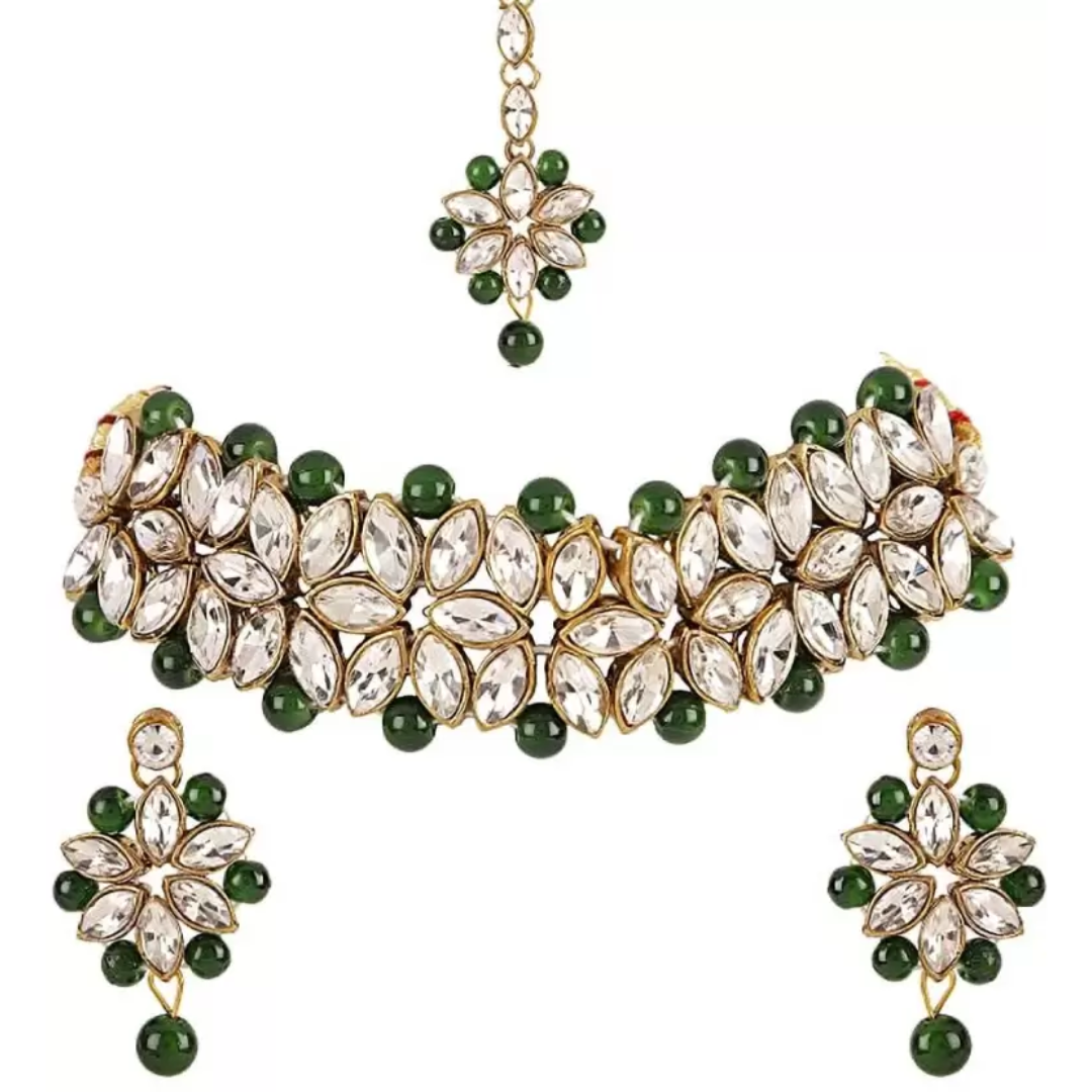 Green Moti Choker Necklace Set for Women - Traditional Pearl Beads Jewelry