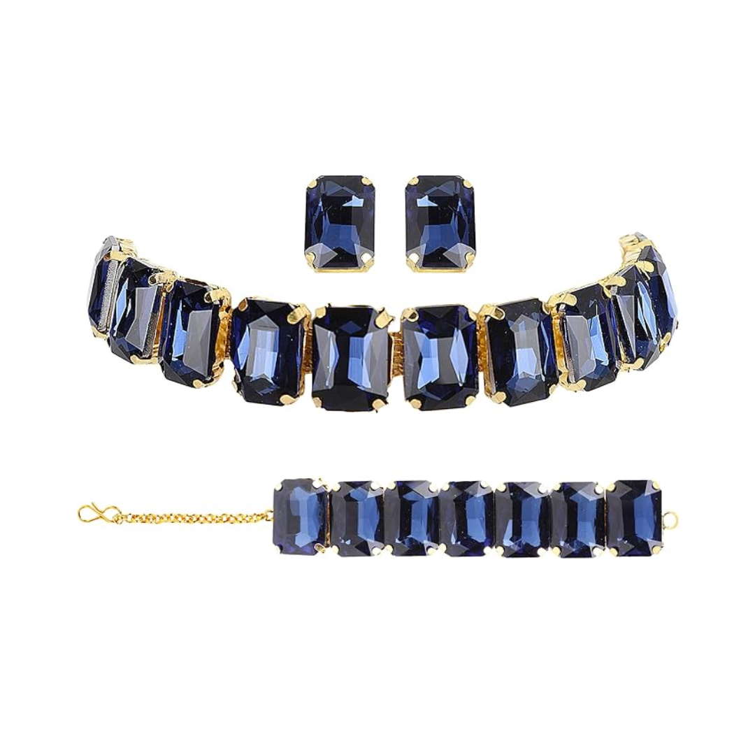Blue Crystal Bracelet Earrings Necklace Jewelry Set for Women