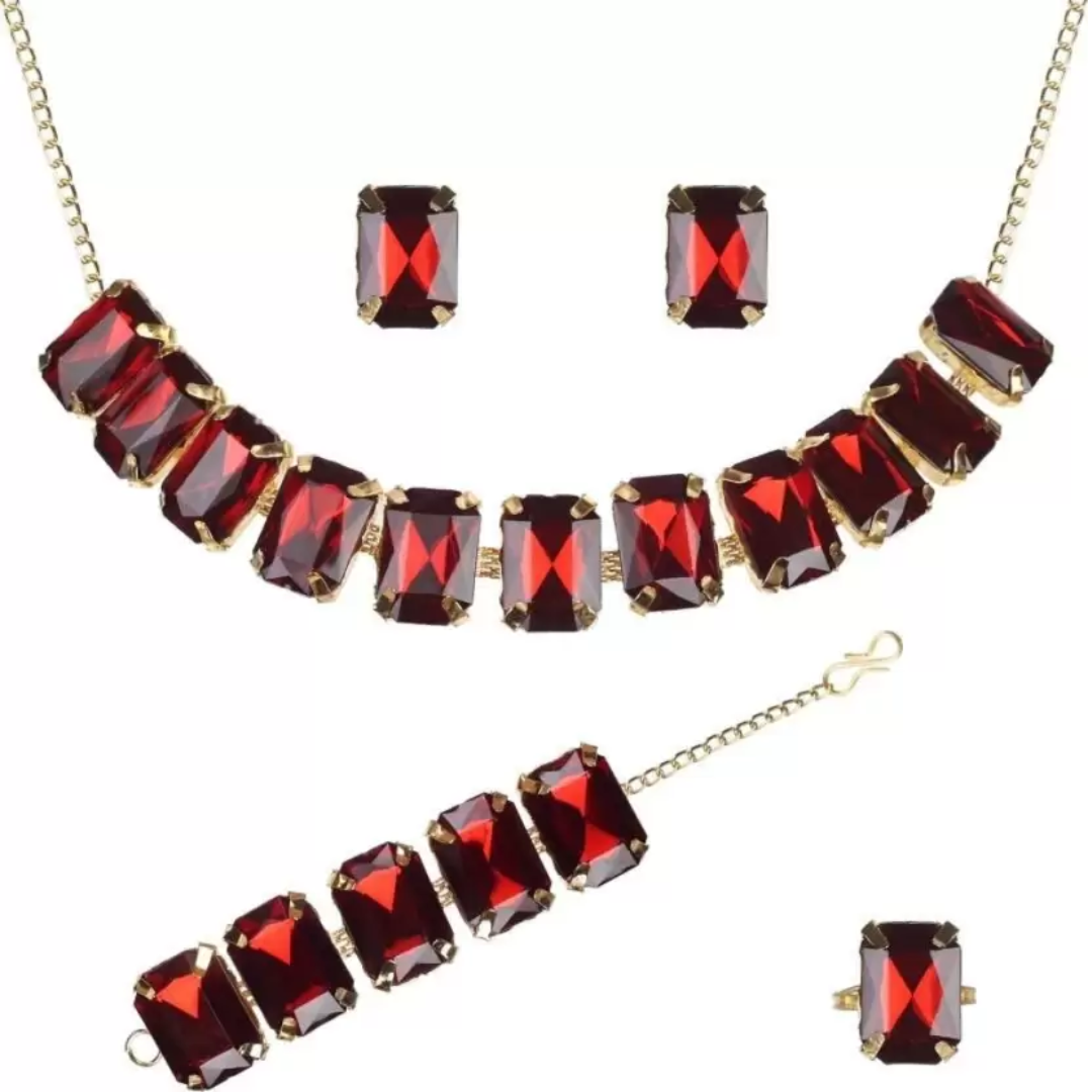 Maroon Crystal Bracelet Earrings Necklace Jewelry Set for Women