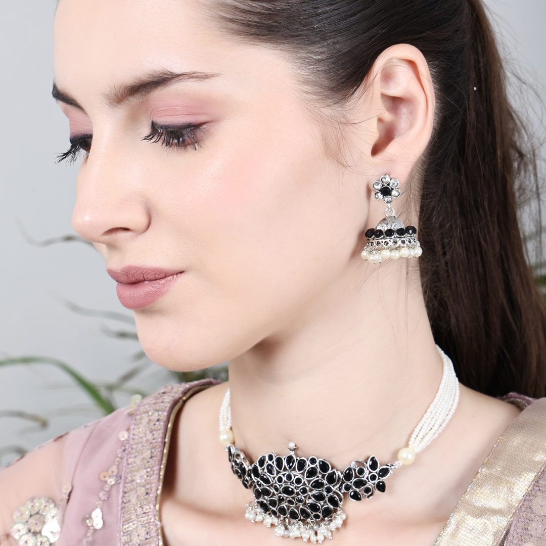 Oxidised Black With Moti dori Choker Necklace