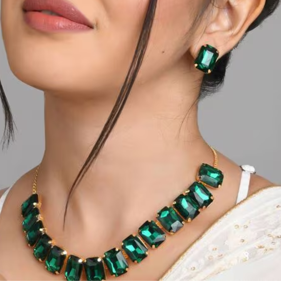 Green Crystal Bracelet Earrings Necklace Jewelry Set for Women