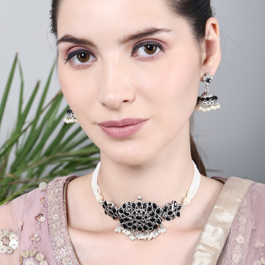 Oxidised Black With Moti dori Choker Necklace