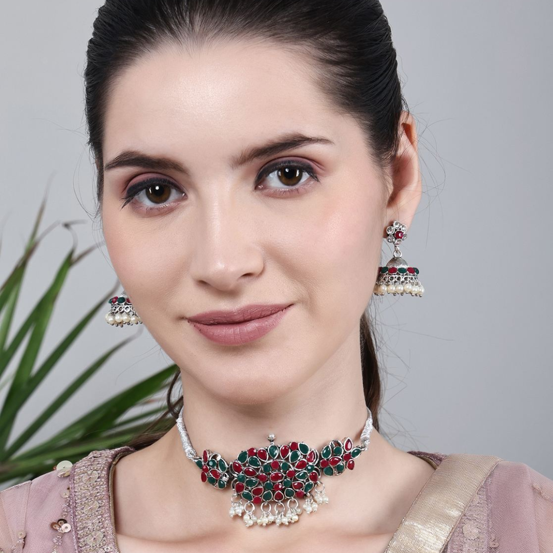 Oxidized Green Maroon Beautiful Choker Necklace