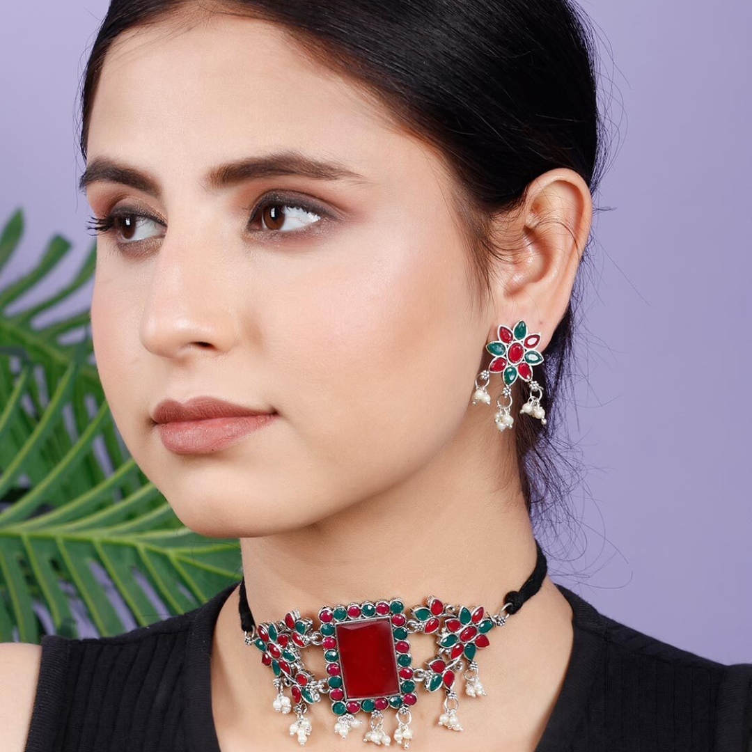 Rectangular Red & Green Kundan Stone Choker Necklace