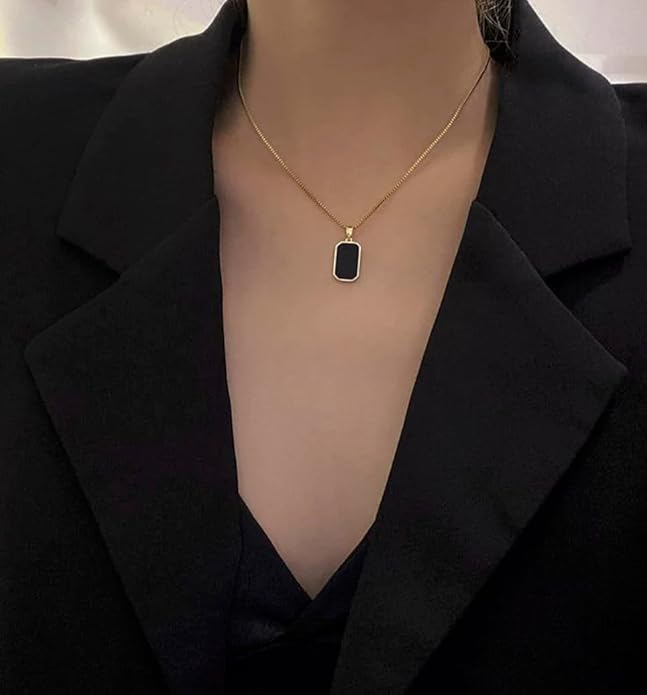 Gold Chain Necklace with Black Enamel Charm