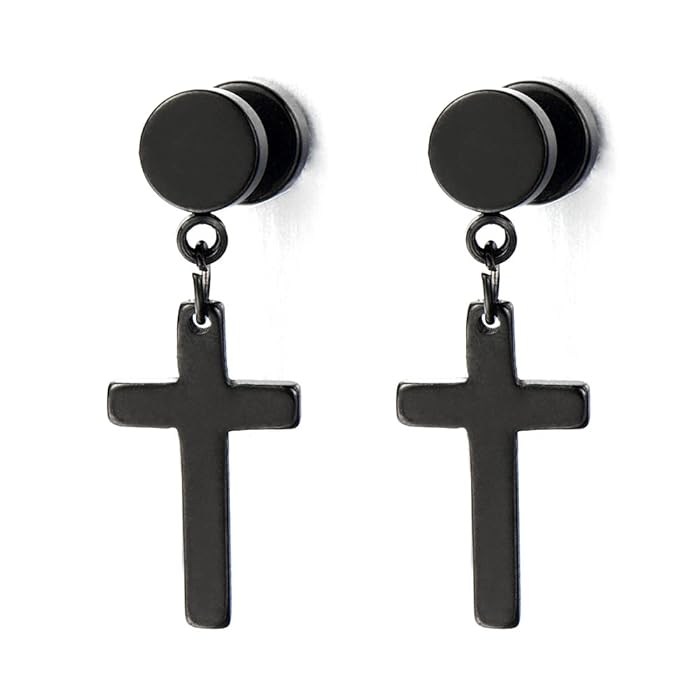 Black-Plated Barbell Cross Earring - Double-Sided Twisted Screw Dumbbell Stud Earrings for Men