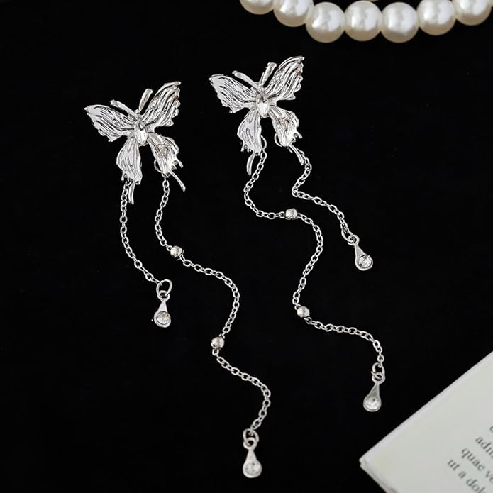 Elegant Silver Butterfly Drop Earrings