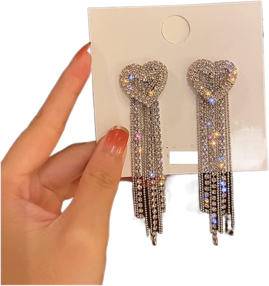 Heart-Shaped Rhinestone Tassel Earrings for Women