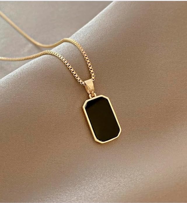 Gold Chain Necklace with Black Enamel Charm