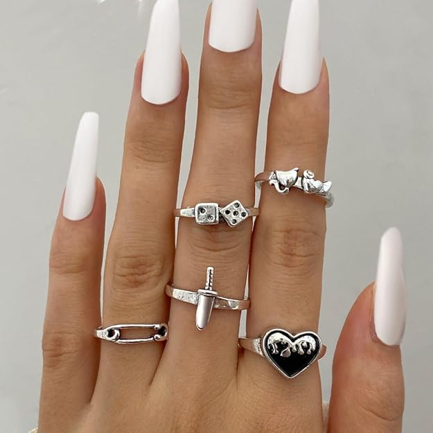 Fancy 5 piece Silver Stackable Ring Set for casual outfit