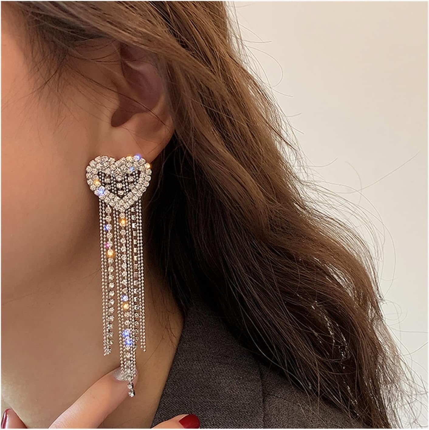 Heart-Shaped Rhinestone Tassel Earrings for Women