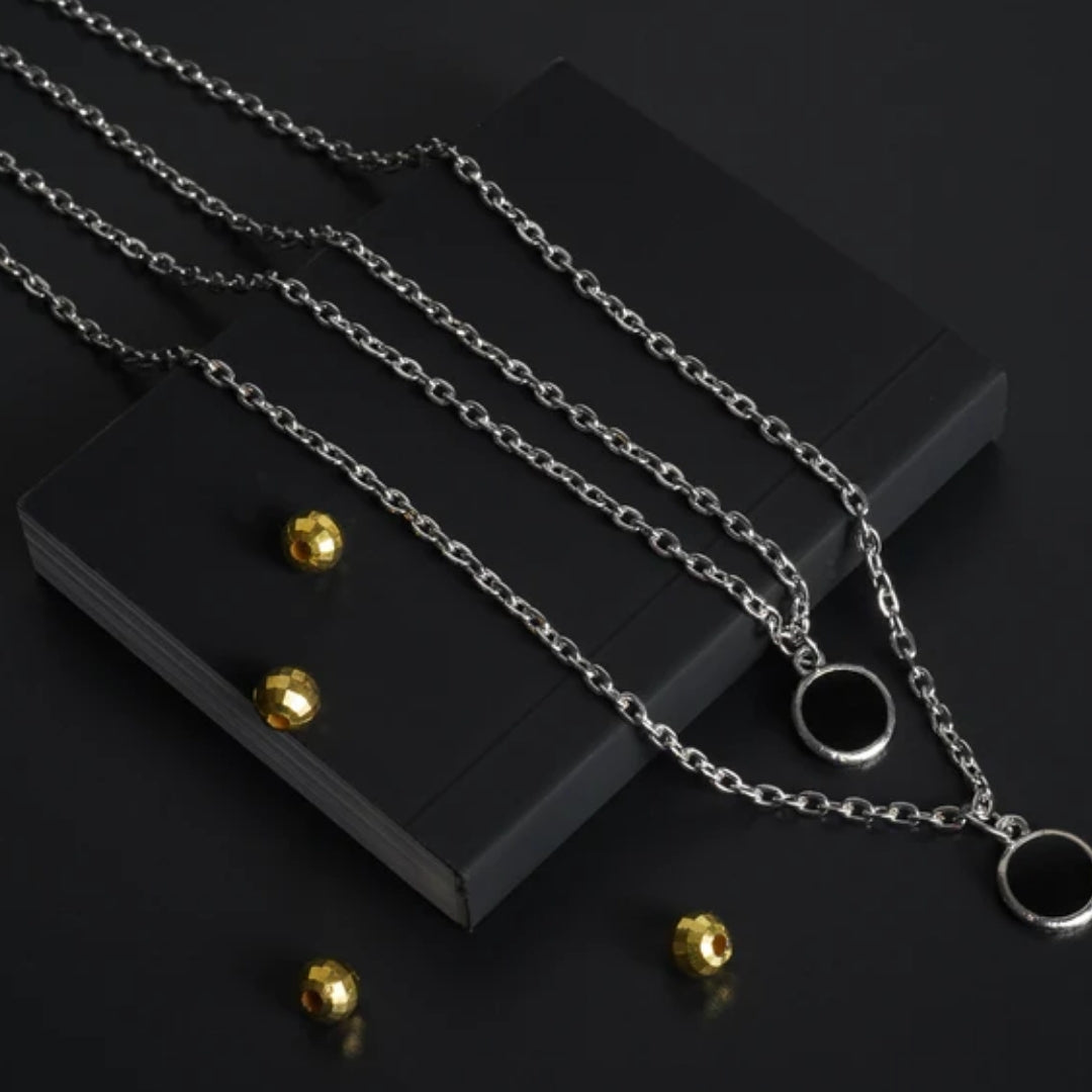 Double Black Stone Silver Chain Pendant