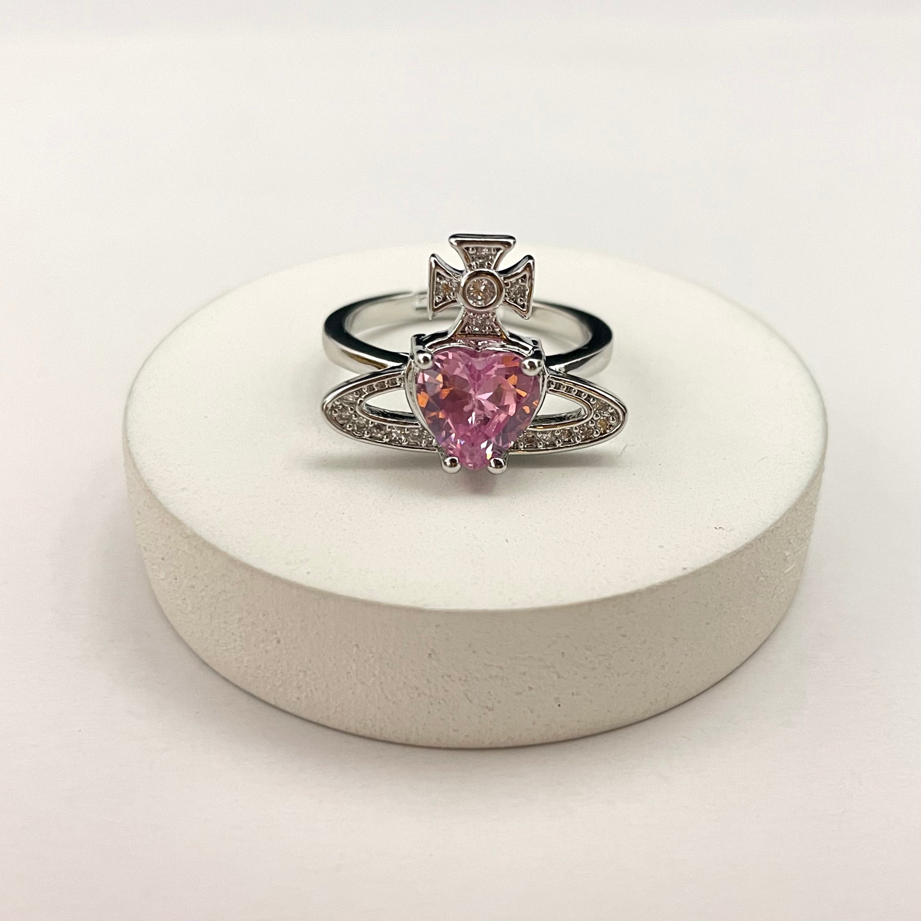 Adjustable Silver Pink Heart Stone Studded Friendship Copper Ring