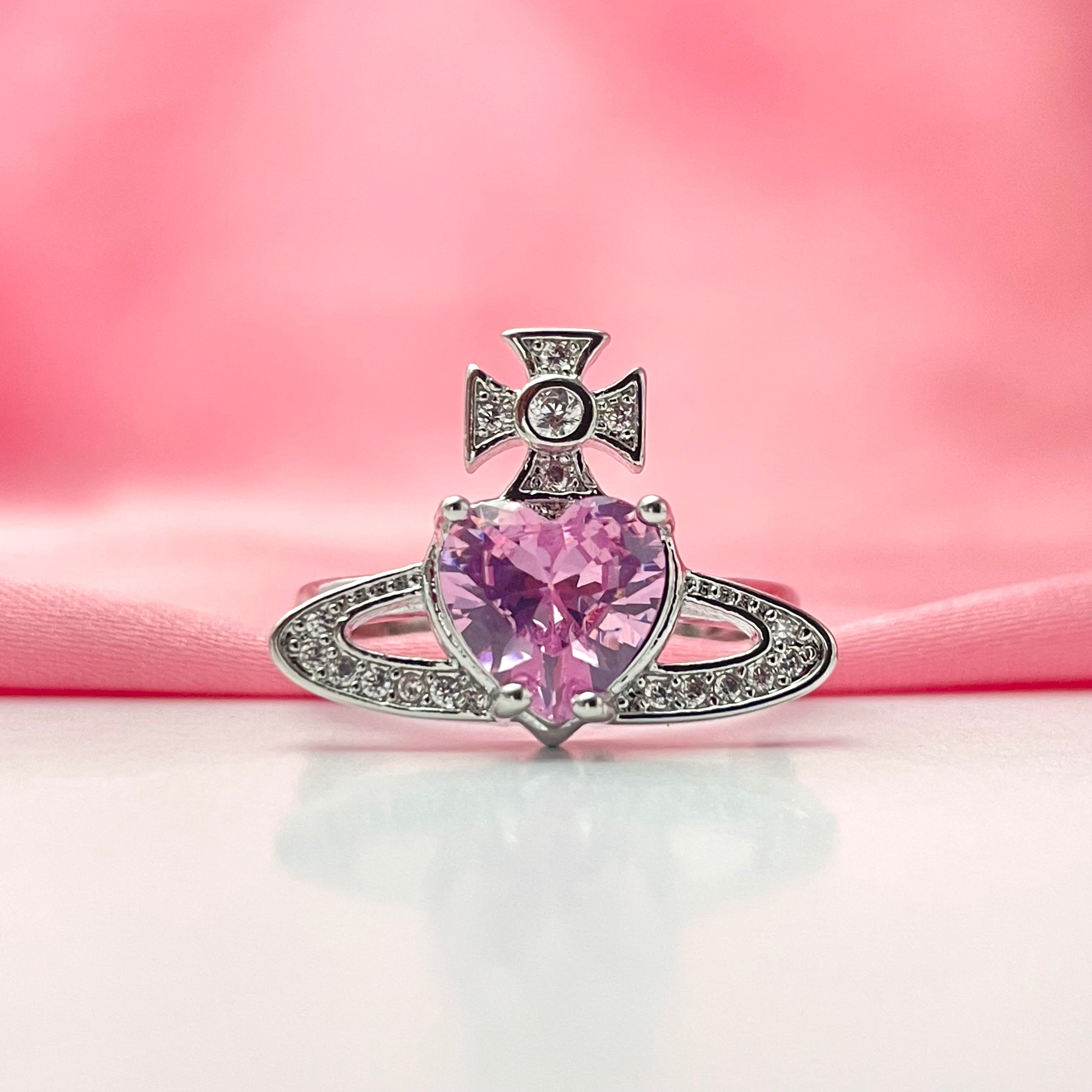 Adjustable Silver Pink Heart Stone Studded Friendship Copper Ring