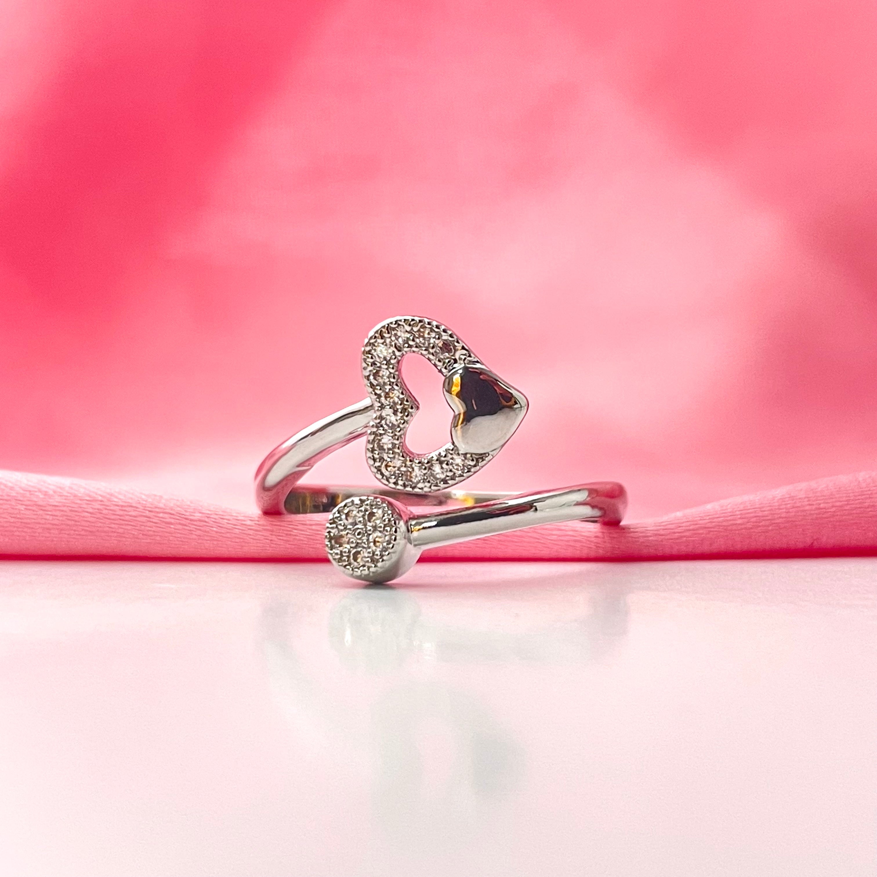 Adjustable Silver Heart Stone Studded Friendship Copper Ring