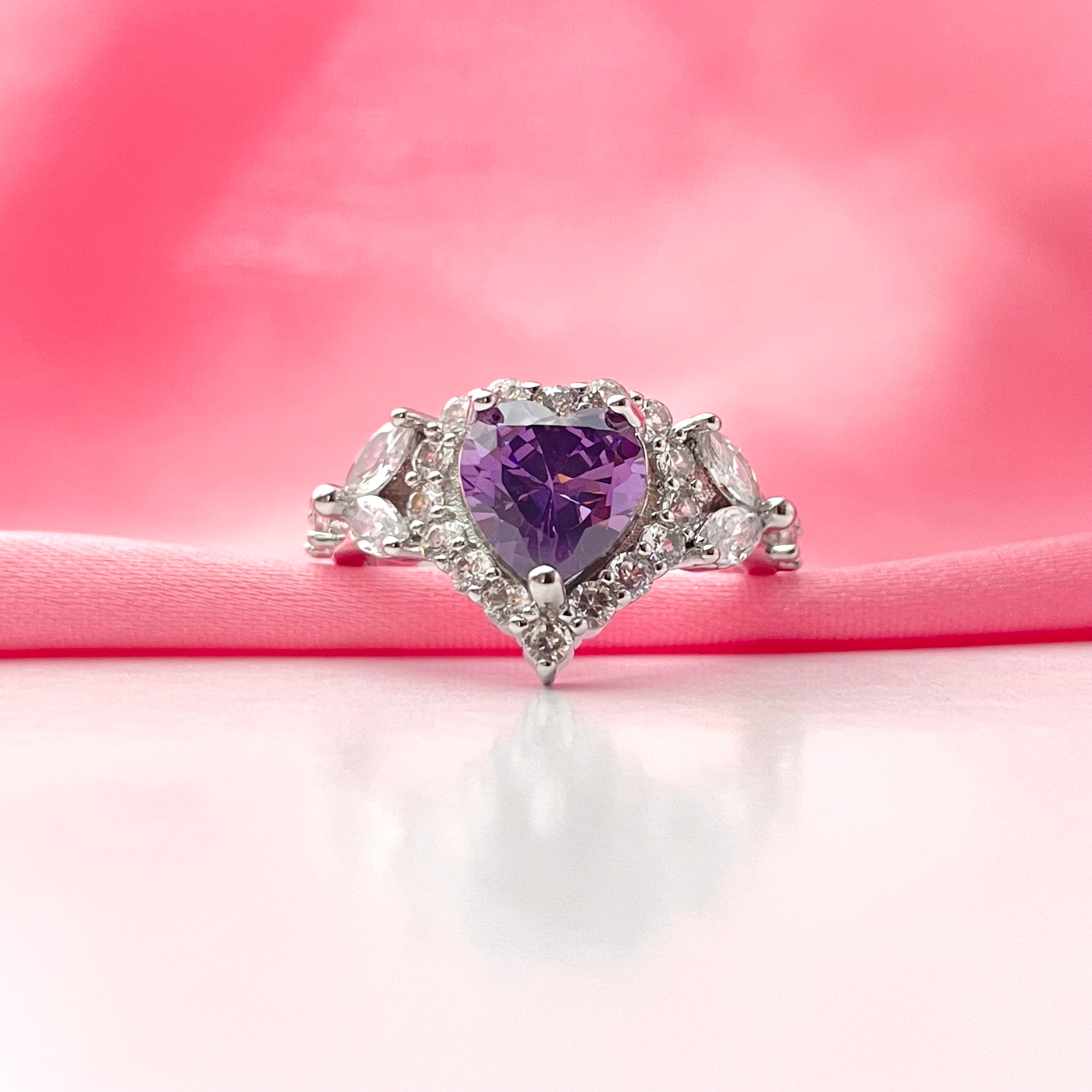 Adjustable Amethyst Silver Heart Ring