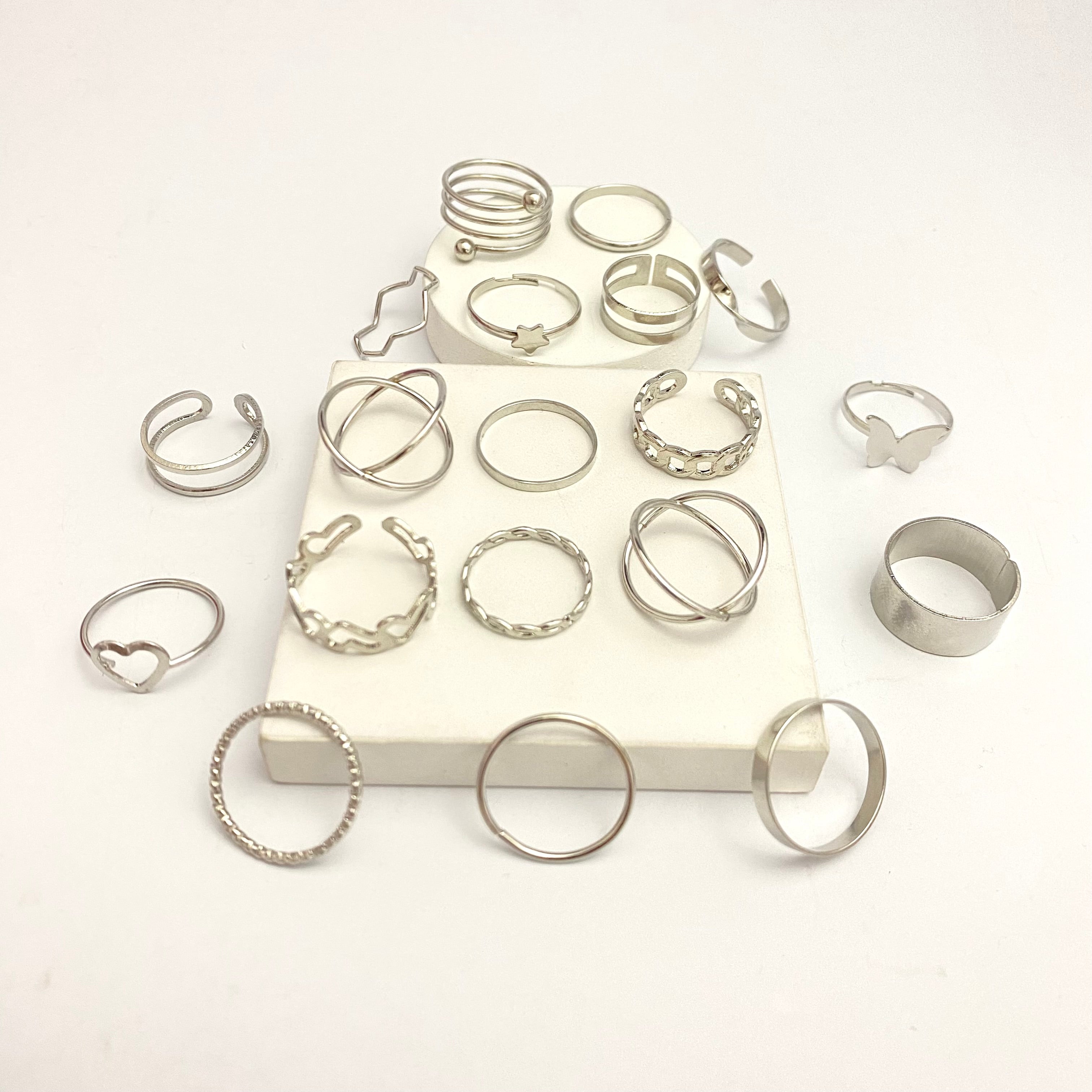 Set of 19 Adjustable Silver Ring Set