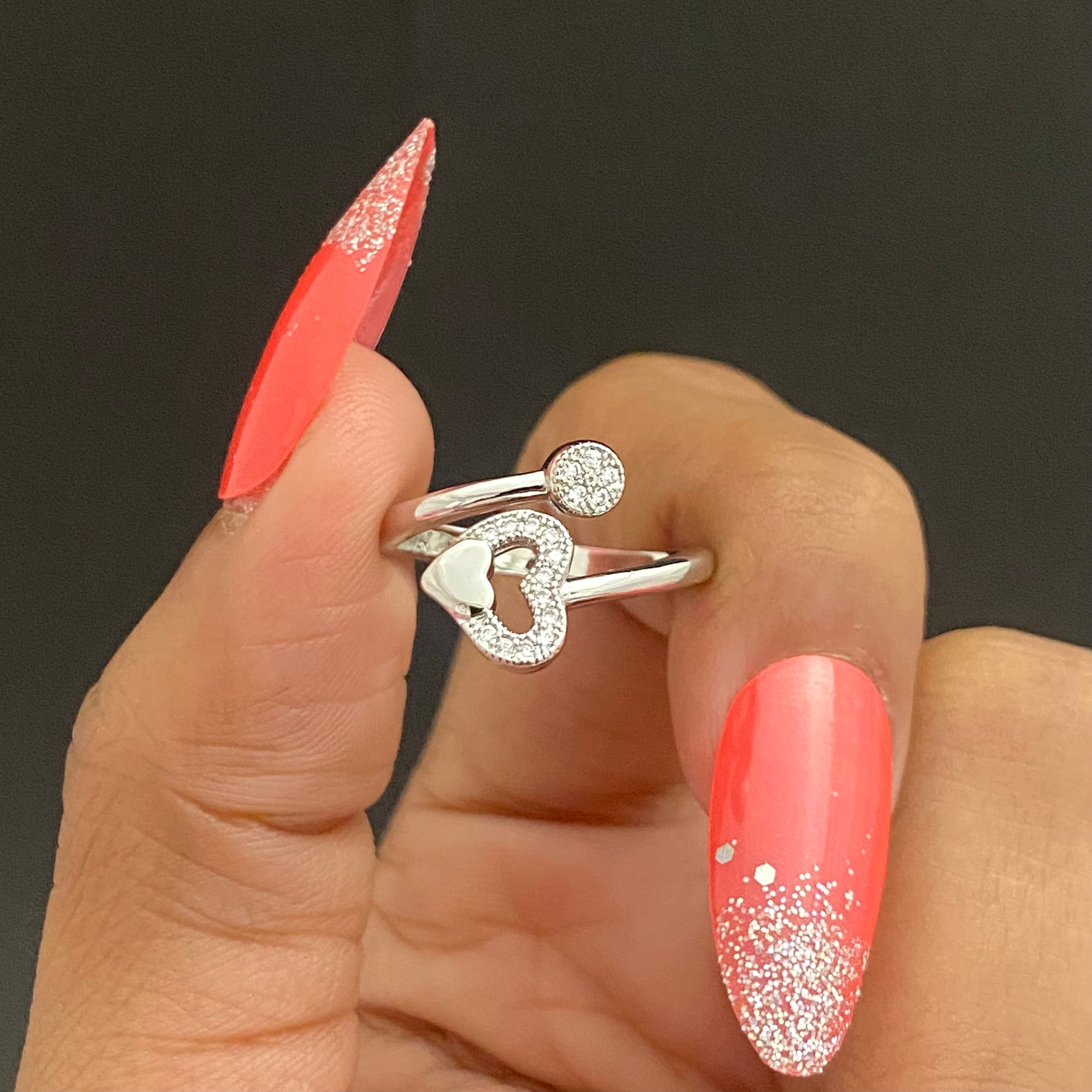 Adjustable Silver Heart Stone Studded Friendship Copper Ring