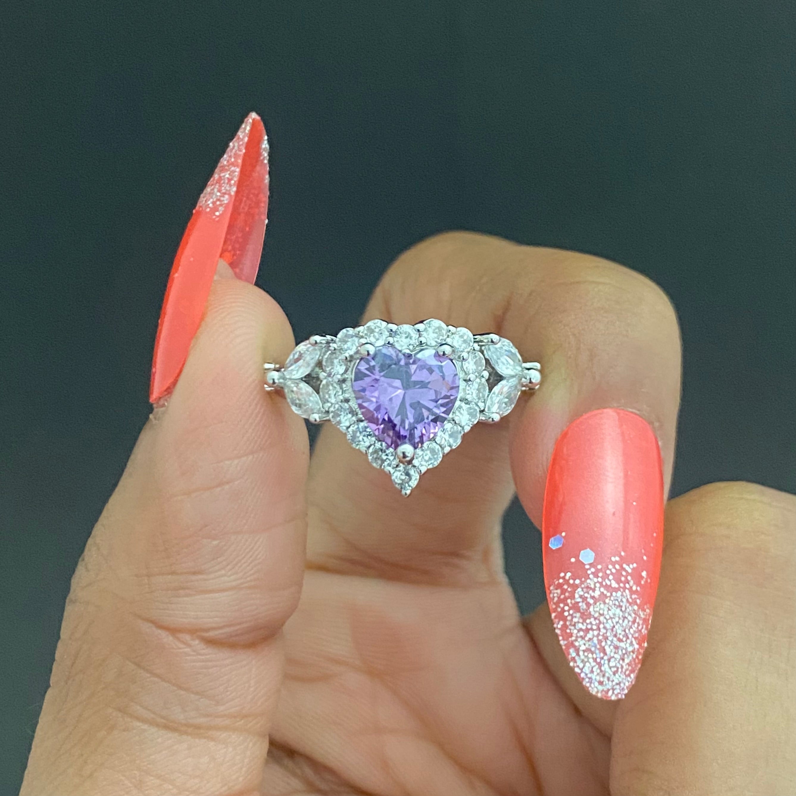 Adjustable Amethyst Silver Heart Ring