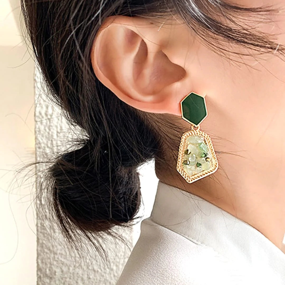 Geometric Green Stone Drop Earrings