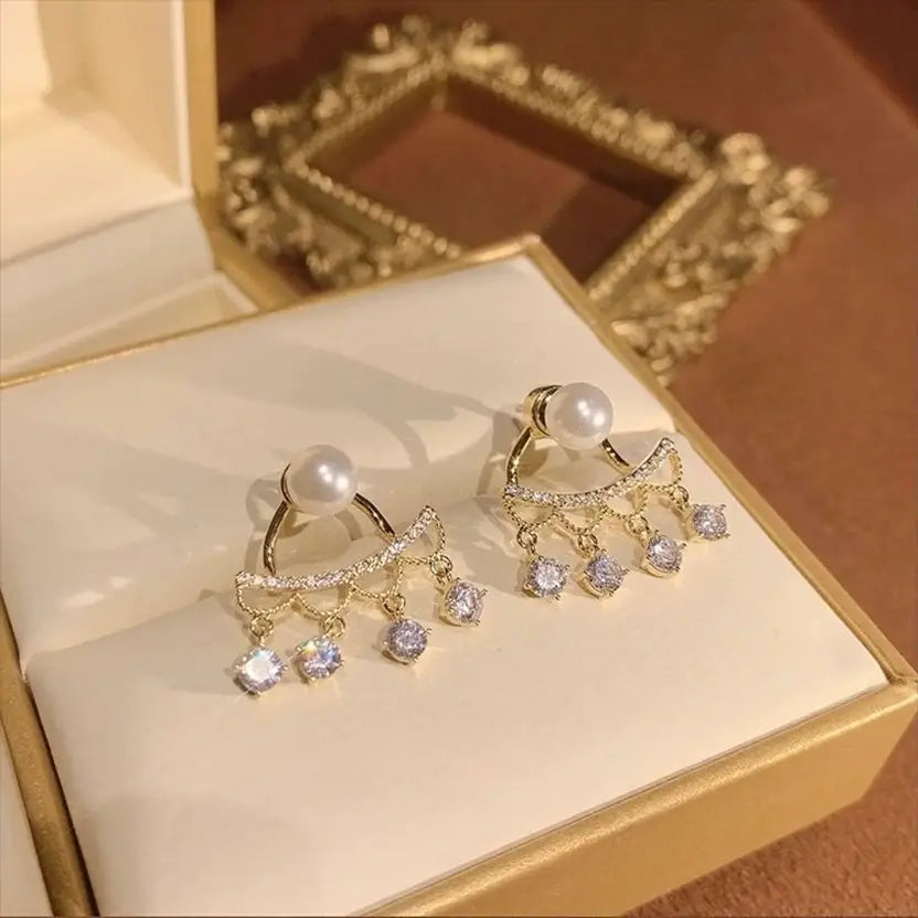 Korean Pearl Stud Dangler Earrings with Crystal Drops – Elegant Dual Layer Design