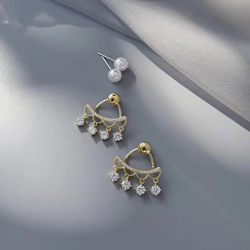 Korean Pearl Stud Dangler Earrings with Crystal Drops – Elegant Dual Layer Design